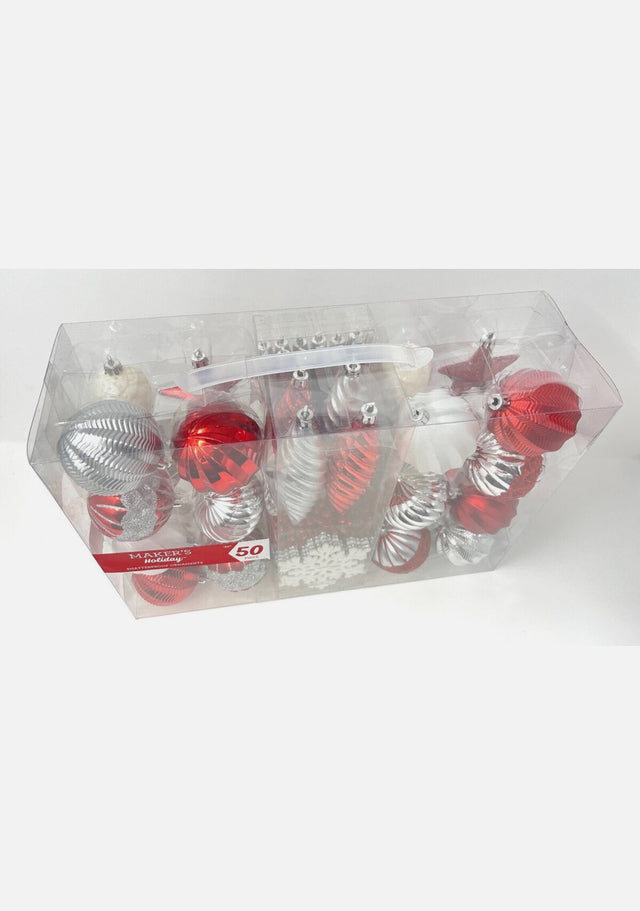 50 Red Silver Shatterproof Ornaments balls